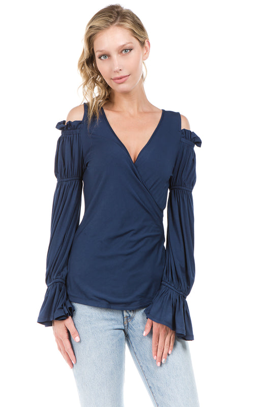 LEILANI OPEN SHOULDER WRAP TOP (Navy)- VT2191