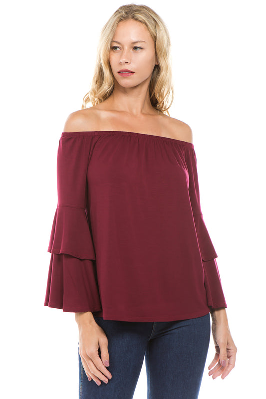 LOLA DOUBLE BELL SLEEVE TOP (DARK WINE)-VT2300S