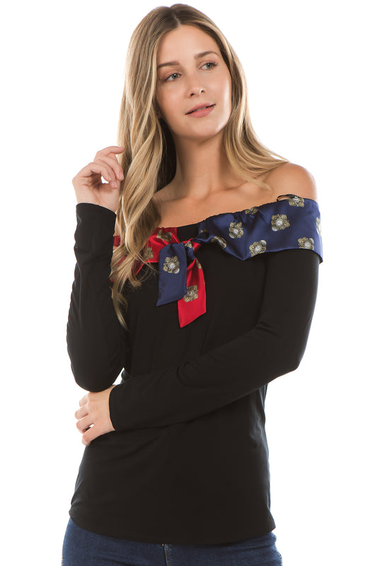 ZELDA FR RIBBON TIE TOP (Black)- VT2302