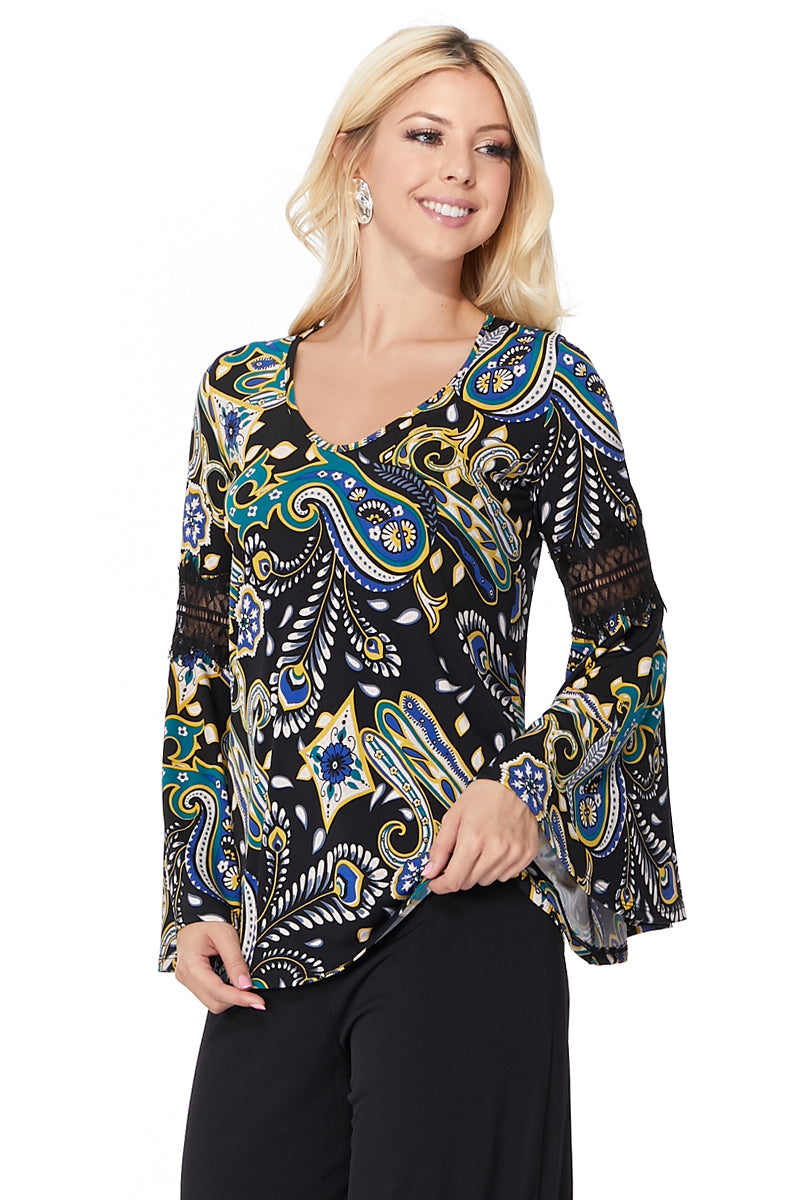 ROCCO BELL SLEEVE TOP (GREEN MULTI)- VT2395-ROCCO