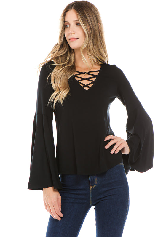 BEYONCE BELL SLEEVE TOP (BLACK)- VT2404