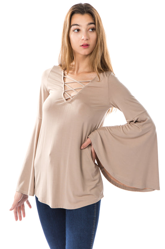 BEYONCE BELL SLEEVE TOP (BEIGE)- VT2404