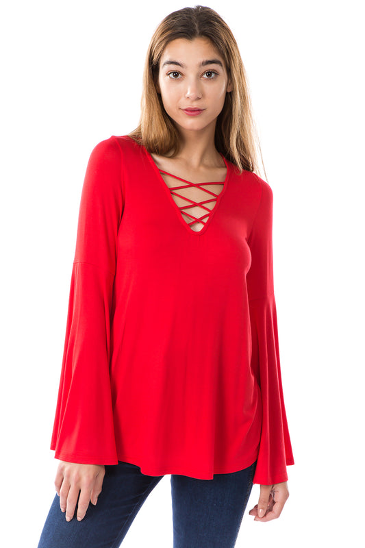 BEYONCE BELL SLEEVE TOP (RED)- VT2404