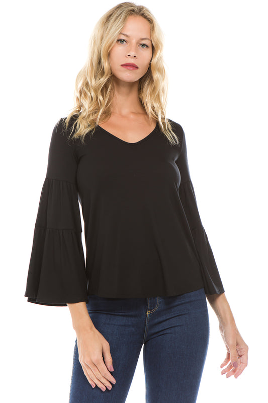 CROSELLA TIERED SLEEVE TOP (BLACK)-VT2415