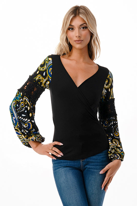 KINSLEY WRAP TOP (BLACK / GREEN ROCCO)- VT2436