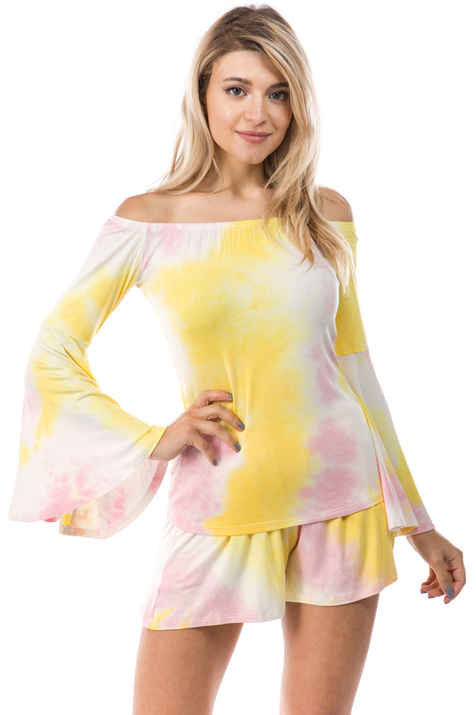 AMY OFF SHOULDER TOP (PINK/YELLOW TIE DYE)- VT2492T