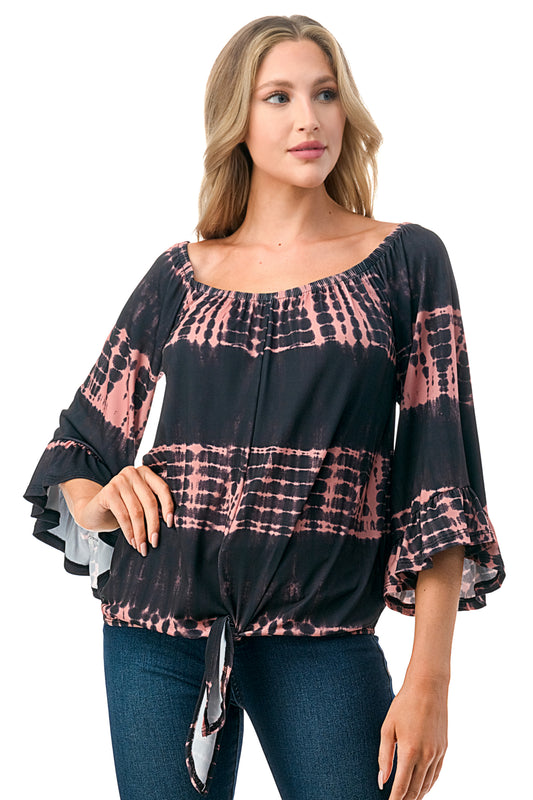 HARRIET OFF SHOULDER TOP (BLACK RUST TIE DYE)- VT2509