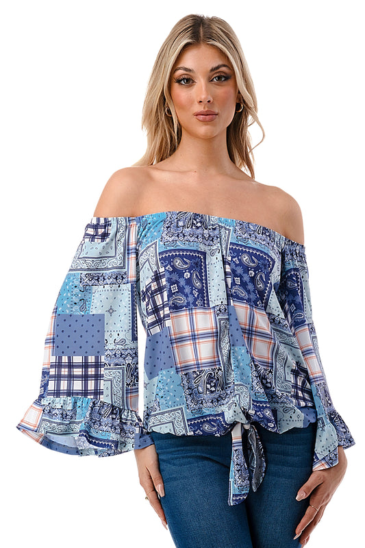 HARRIET OFF SHOULDER TOP (BLUE PATCH WORK)- VT2509