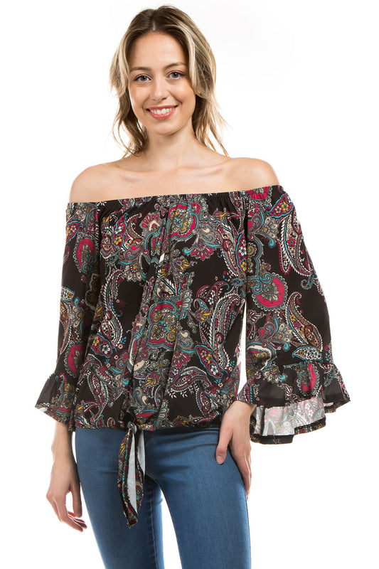 HARRIET OFF SHOULDER TOP (BLACK PAISLEY)- VT2509