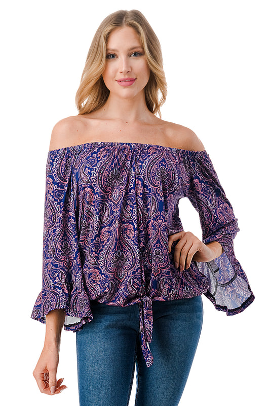 HARRIET OFF SHOULDER TOP (PURPLE PAISLEY)- VT2509