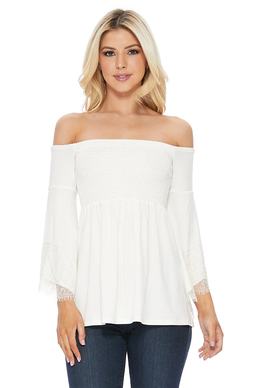 LACY BELL SLEEVE TOP  (IVORY)-VT2549