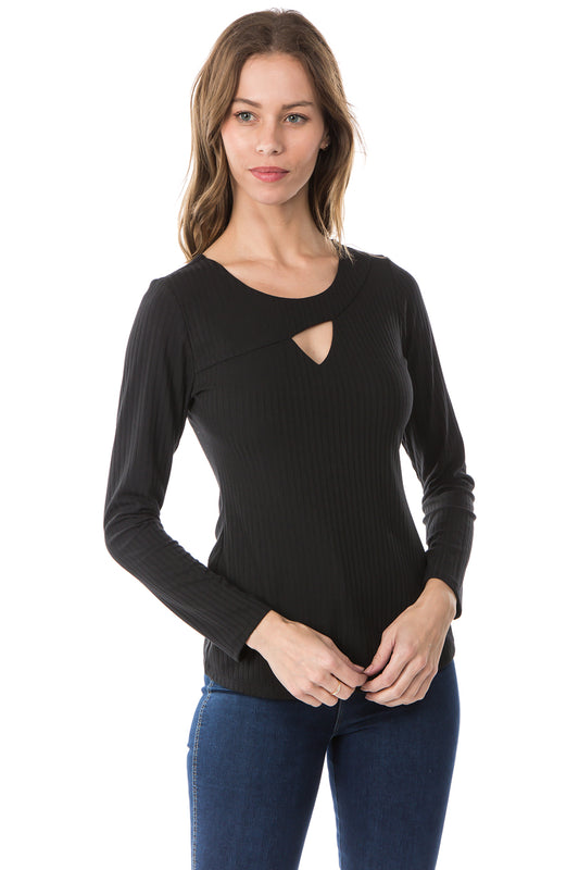 FLONA YOKE TOP (BLACK)- VT2582-RIB FABRIC