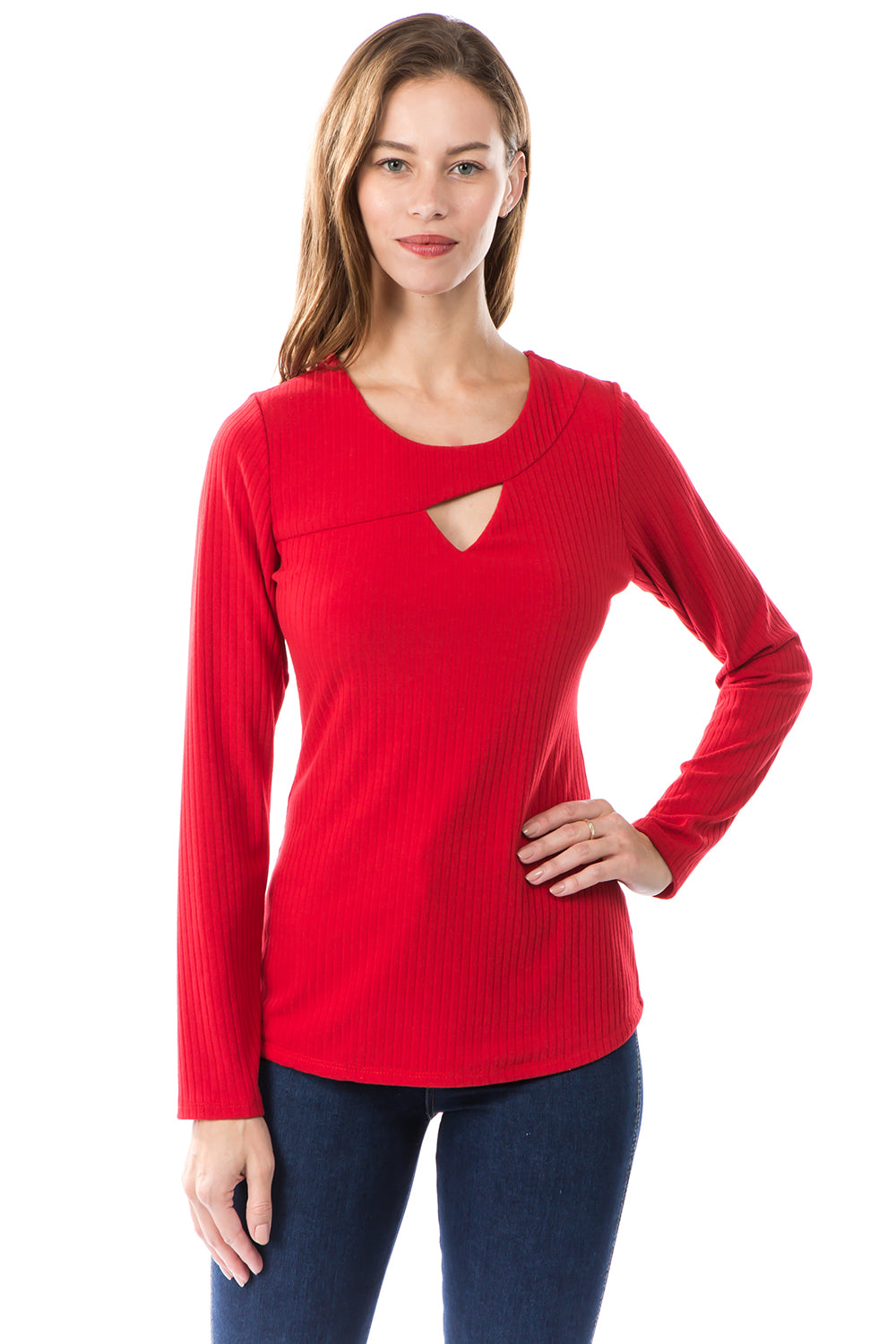 FLONA YOKE TOP (RED)- VT2582-RIB FABRIC