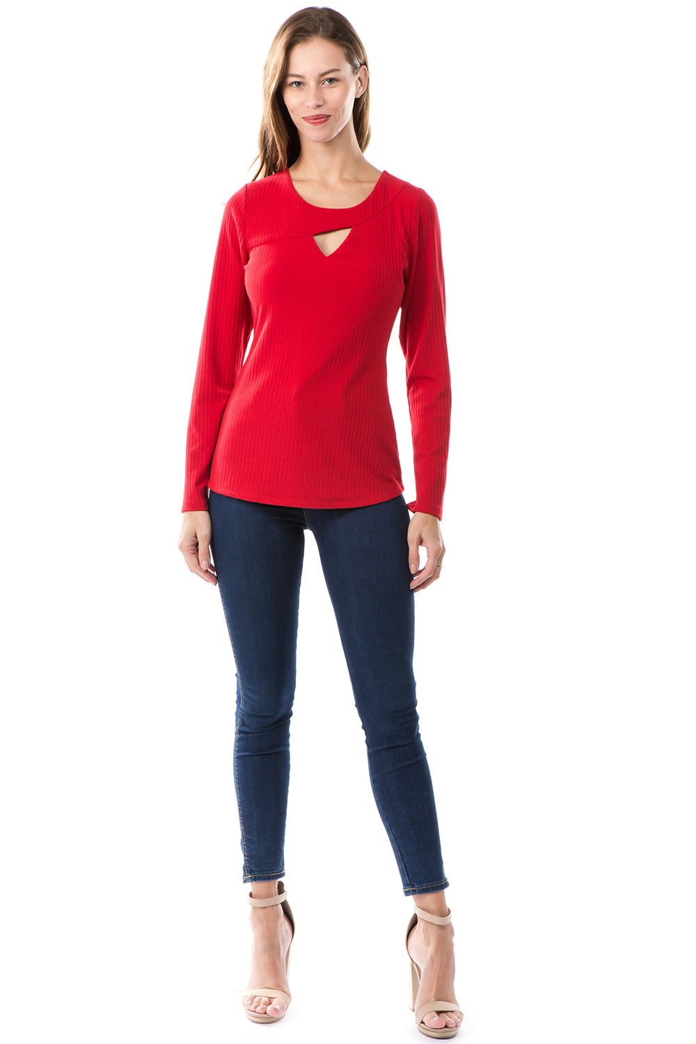 FLONA YOKE TOP (RED)- VT2582-RIB FABRIC