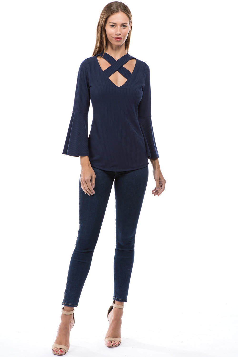 MAYA CRISS CROSS BELL SLEEVE TOP (NAVY)- VT2585