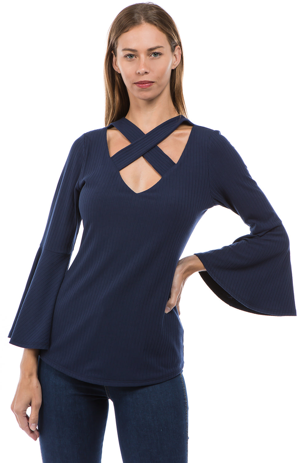 MAYA CRISS CROSS BELL SLEEVE TOP (NAVY)- VT2585