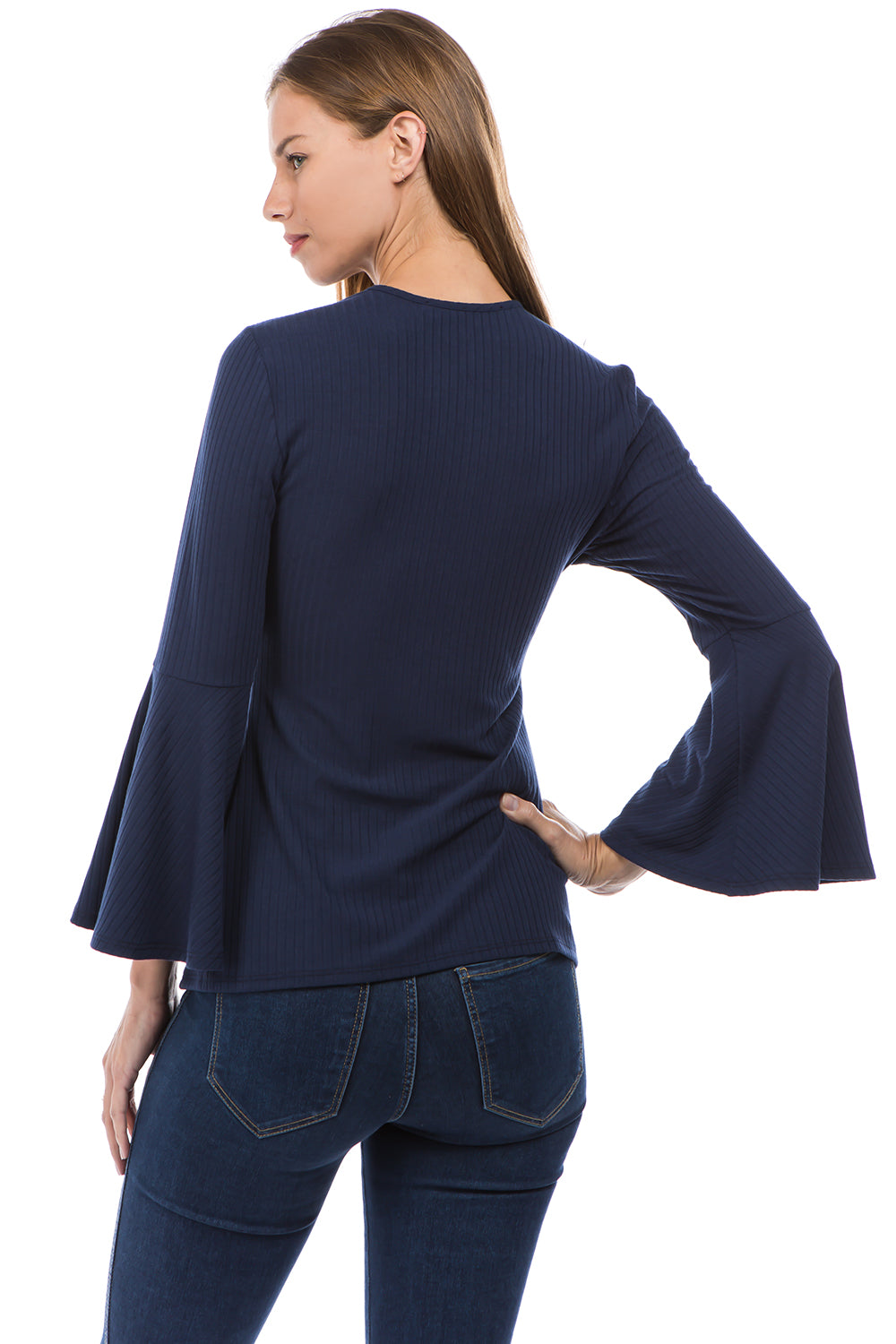 MAYA CRISS CROSS BELL SLEEVE TOP (NAVY)- VT2585