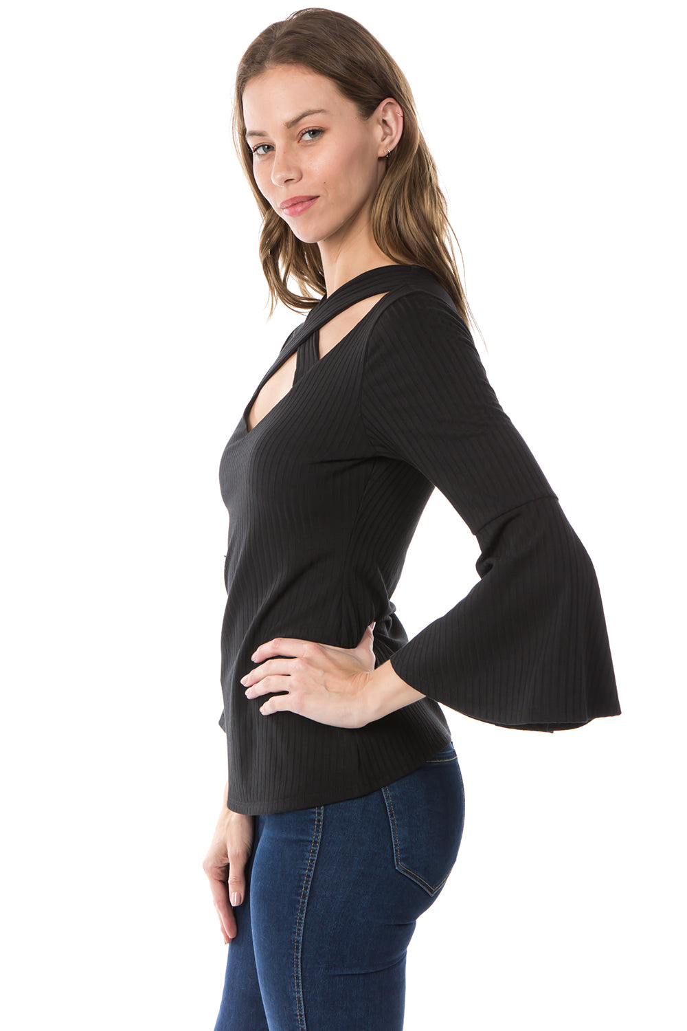 MAYA CRISS CROSS BELL SLEEVE TOP (BLACK)- VT2585