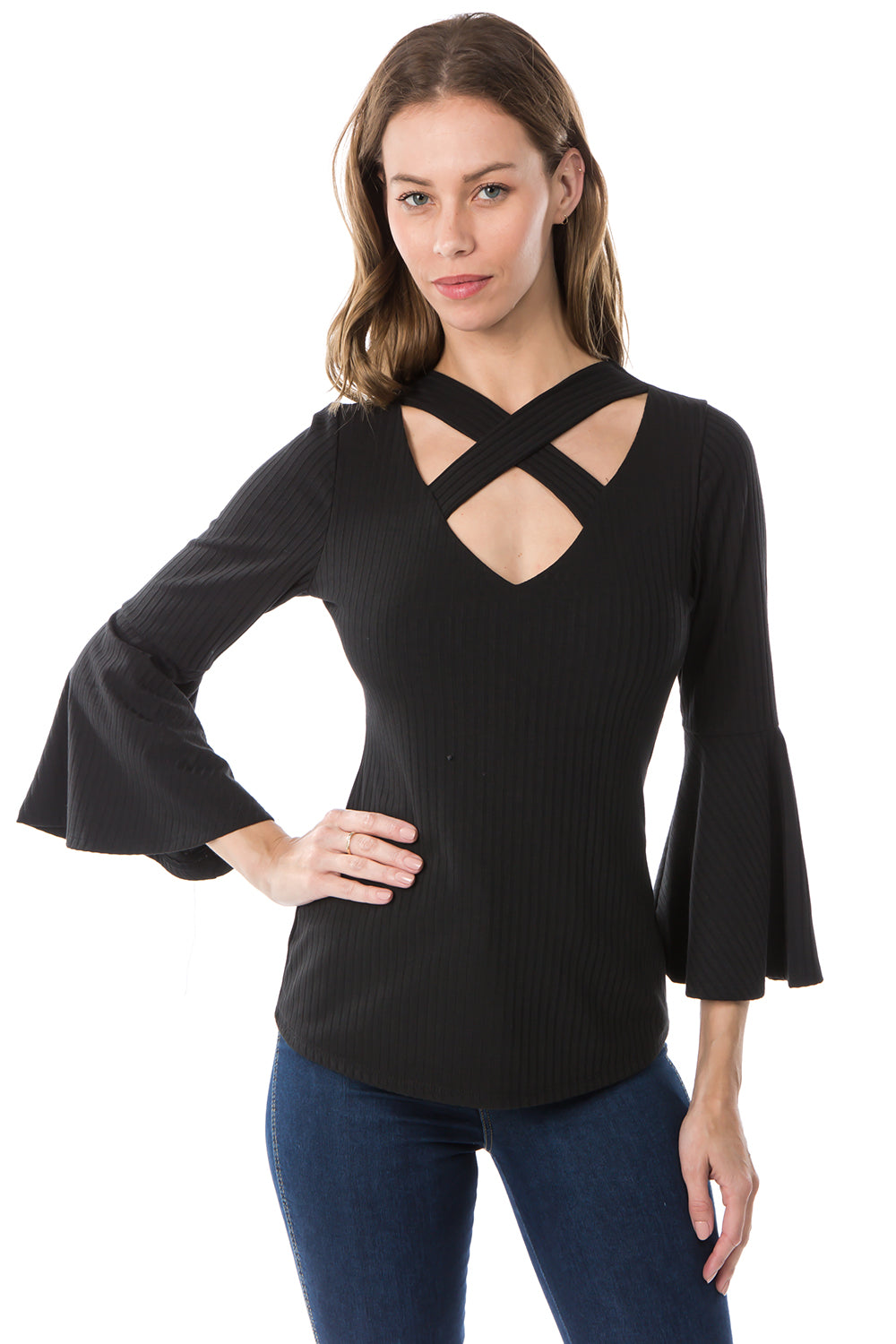 MAYA CRISS CROSS BELL SLEEVE TOP (BLACK)- VT2585