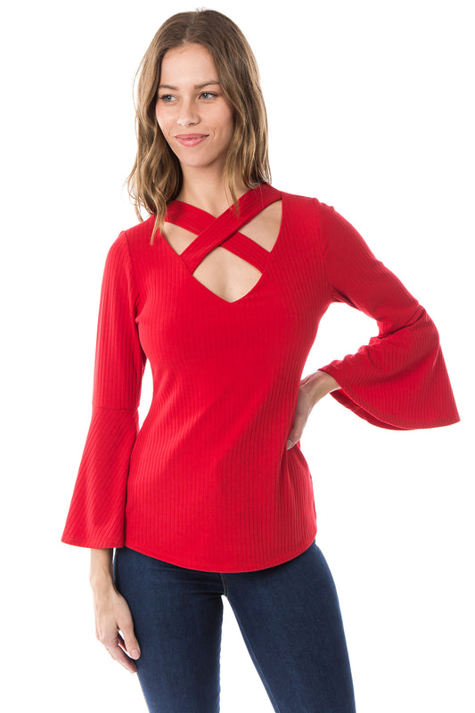 MAYA CRISS CROSS BELL SLEEVE TOP (RED)- VT2585