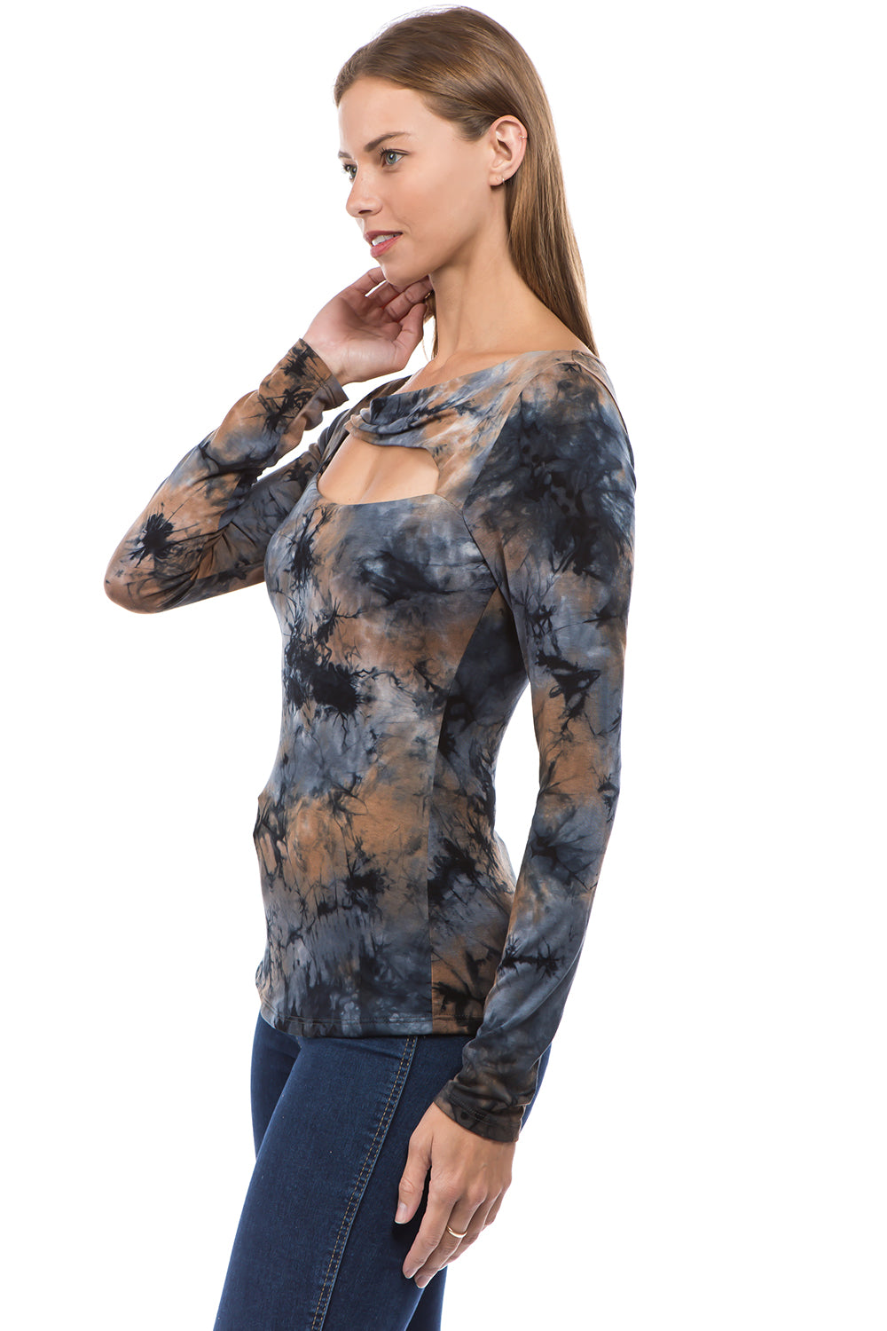 ROCIO SPLIT YOKE TOP (BROWN TIE DYE)-VT2595