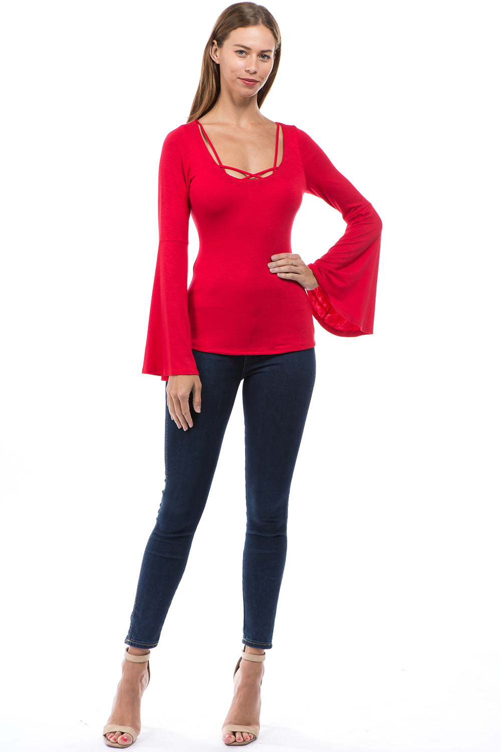 ROCIO BELL SLEEVE TOP (RED)-VT2598