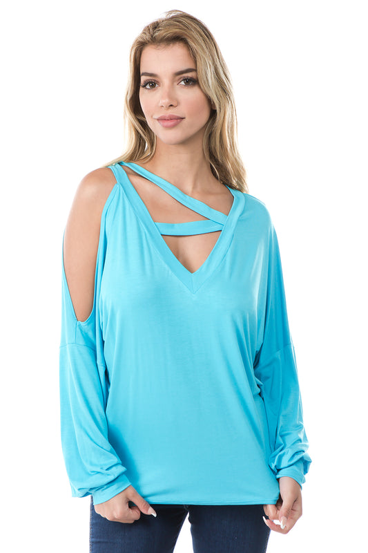 SOINA ZIG ZAG NECK TOP (SKY BLUE)-VT2601