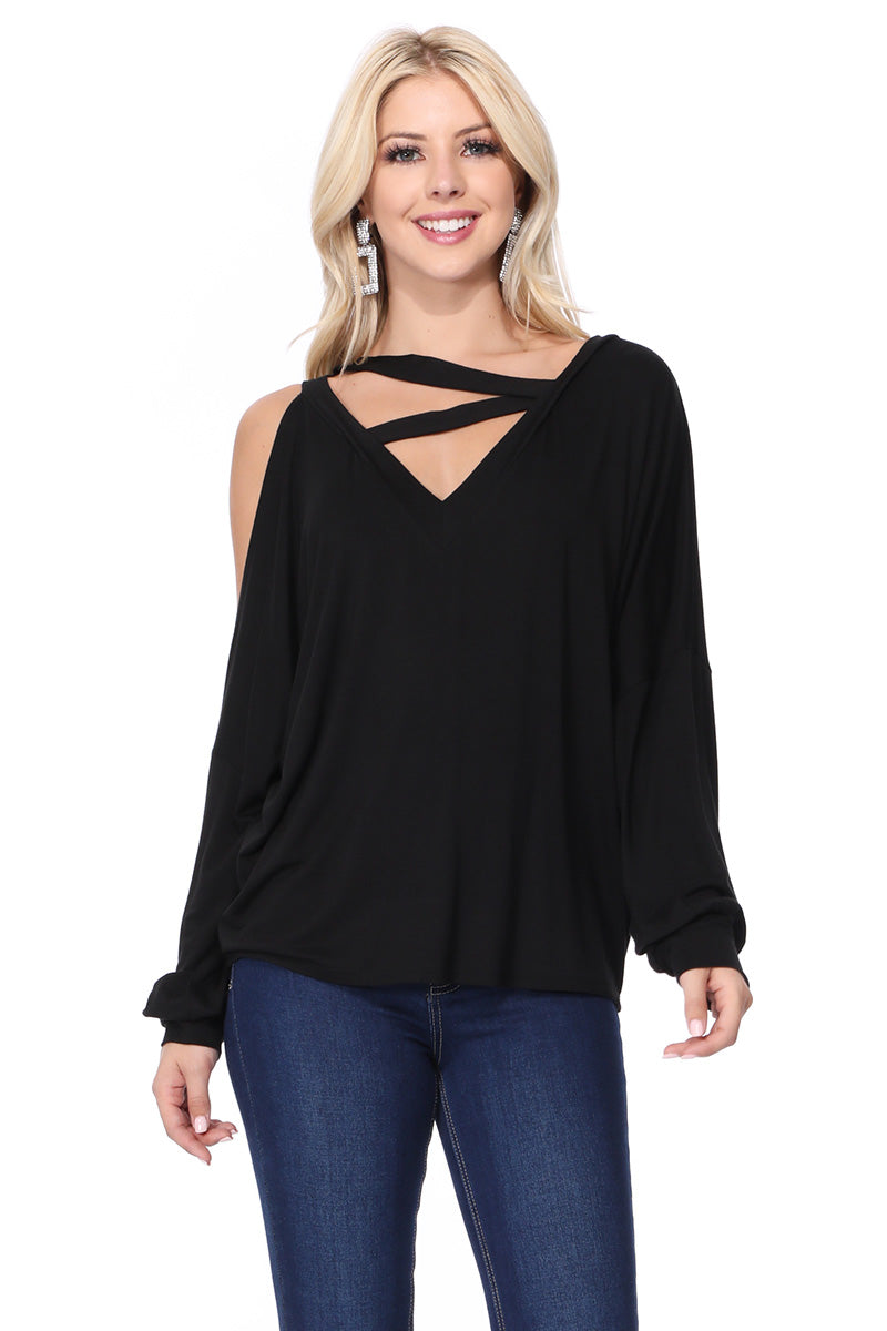 SOINA ZIG ZAG NECK TOP (BLACK)-VT2601