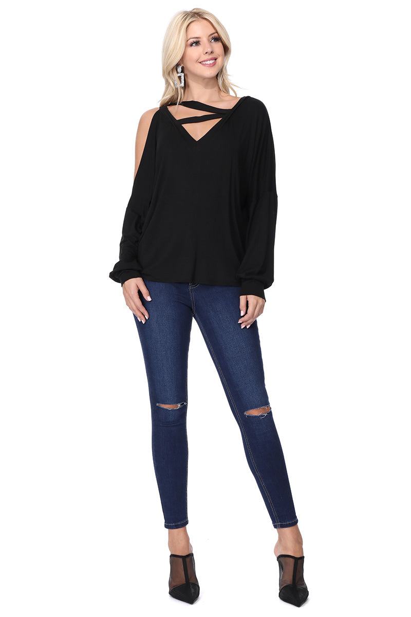 SOINA ZIG ZAG NECK TOP (BLACK)-VT2601