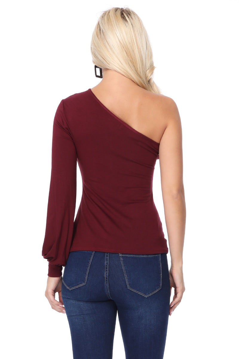 BETTE ASYMMETRICAL BISHOP SLEEVE TOP (DARK WINE)-VT2611