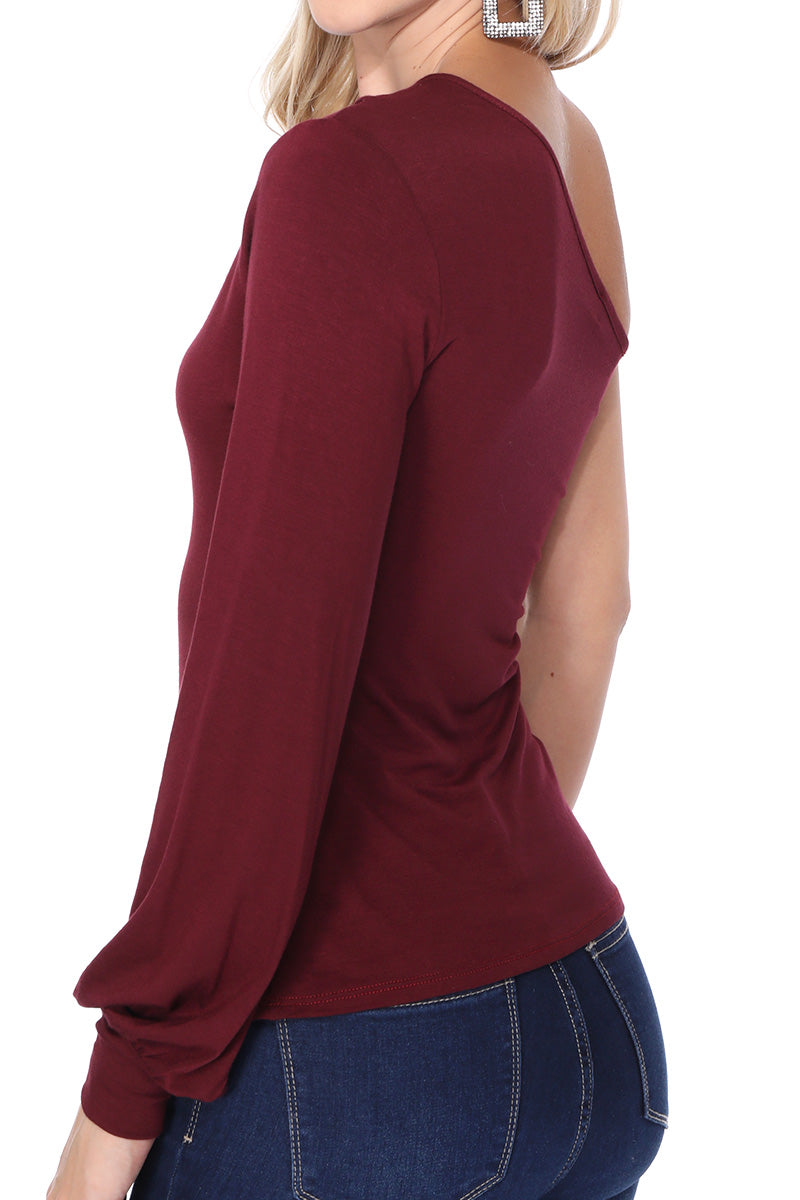 BETTE ASYMMETRICAL BISHOP SLEEVE TOP (DARK WINE)-VT2611