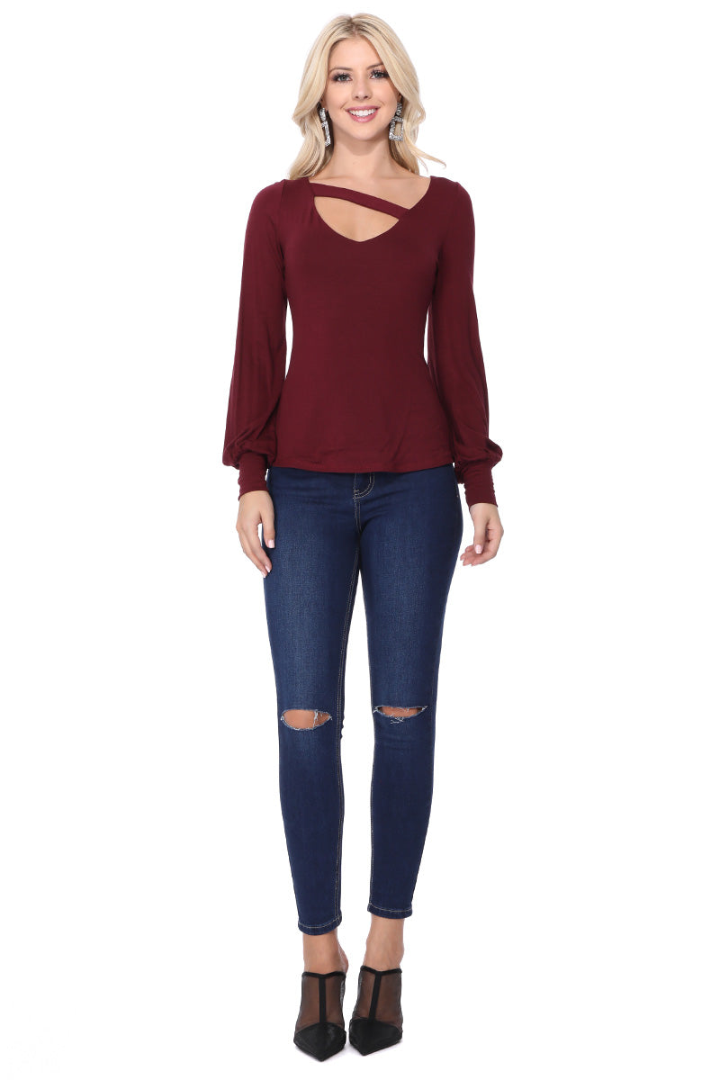 JESSIE BISHOP SLEEVE TOP (DARK WINE)-VT2615