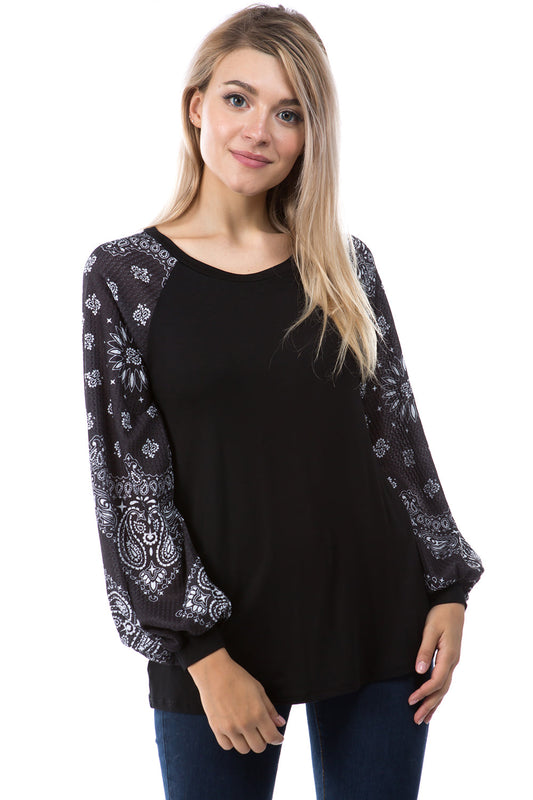 GINA ROUND NECK TOP (BLACK/BLACK BANDANA)- VT2645