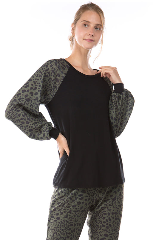 GINA ROUND NECK TOP (BLACK/LEOPARD OLIVE)- VT2645