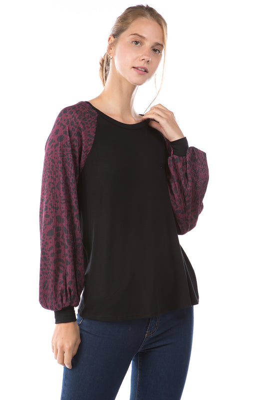 GINA ROUND NECK TOP (BLACK/LEOPARD WINE)- VT2645