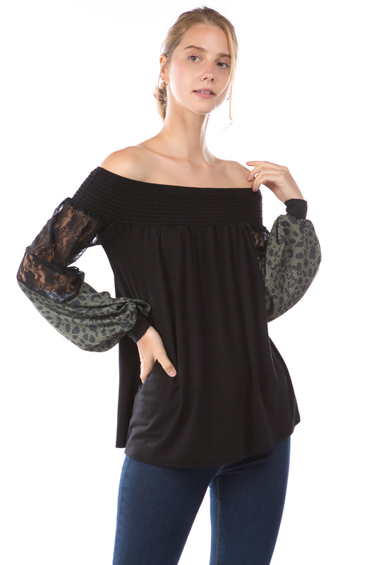 GINA OFF SHOULDER TOP (BLACK/LEOPARD OLIVE)- VT2646