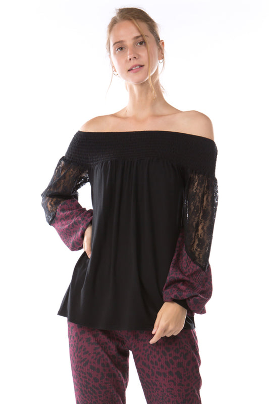 GINA OFF SHOULDER TOP (BLACK/LEOPARD WINE)- VT2646