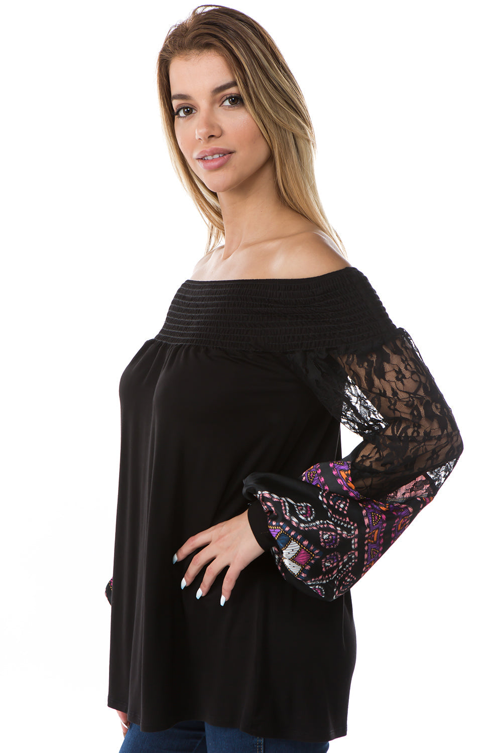 GINA OFF SHOULDER TOP (BLACK / PURPLE SATIN)- VT2646