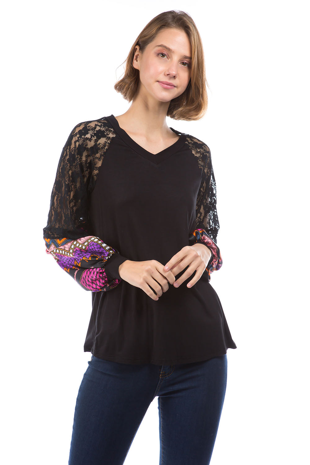 GINA V NECK TOP (BLACK/PURPLE SATIN )- VT2647