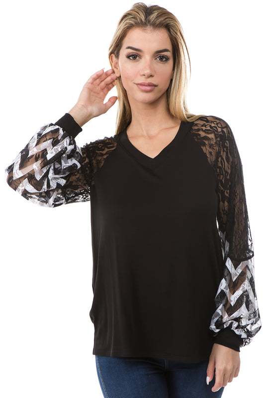 CHEVRON V NECK TOP (BLACK)- VT2647