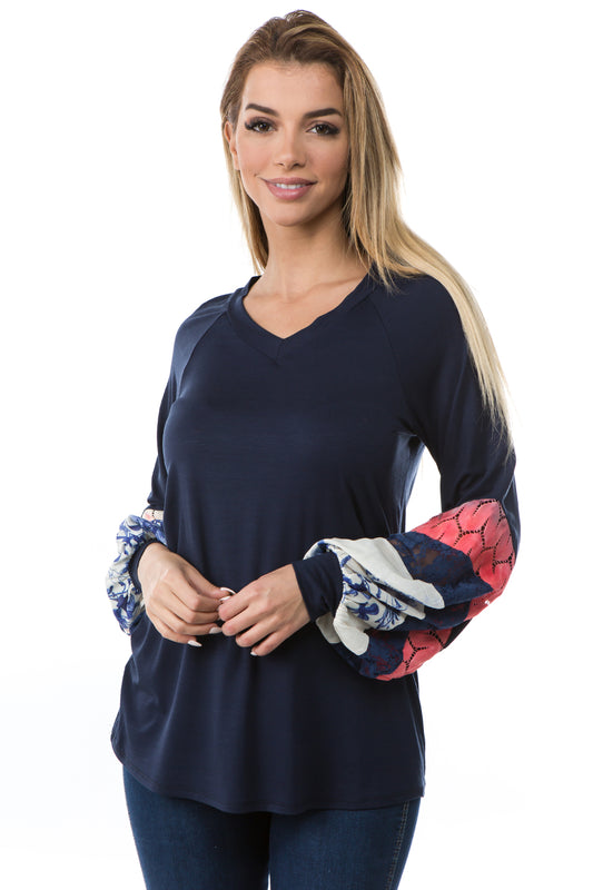 ADIRA COLOR BLOCK SLEEVE TOP (NAVY)- VT2695