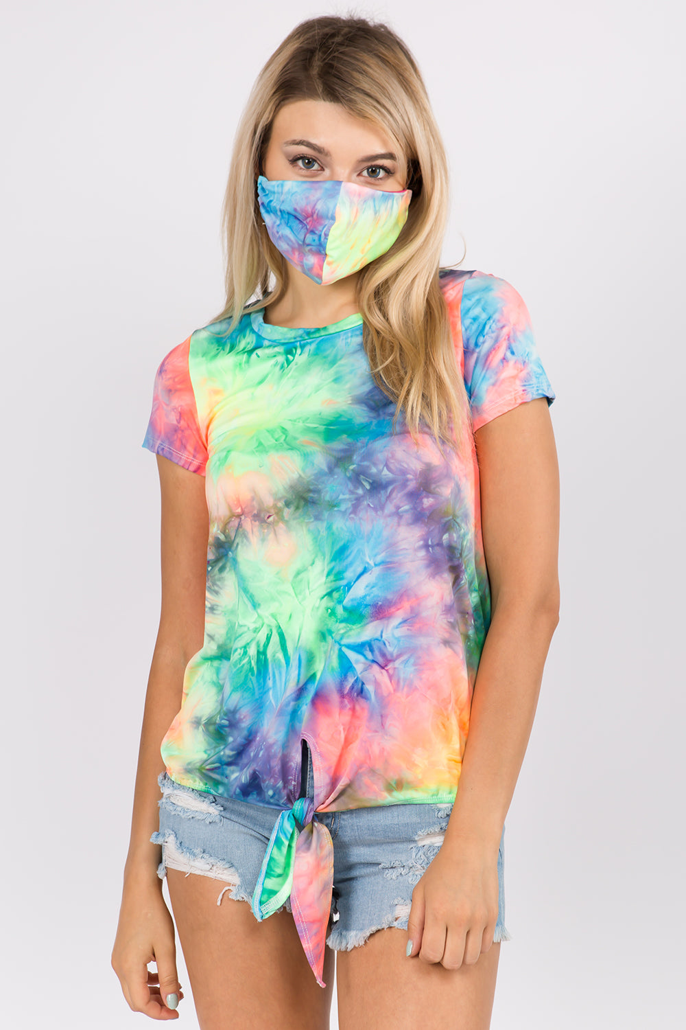 CORA FRONT TIE SHORT SLEEVE TOP (NEON GREEN TIE DYE)- VT2755T