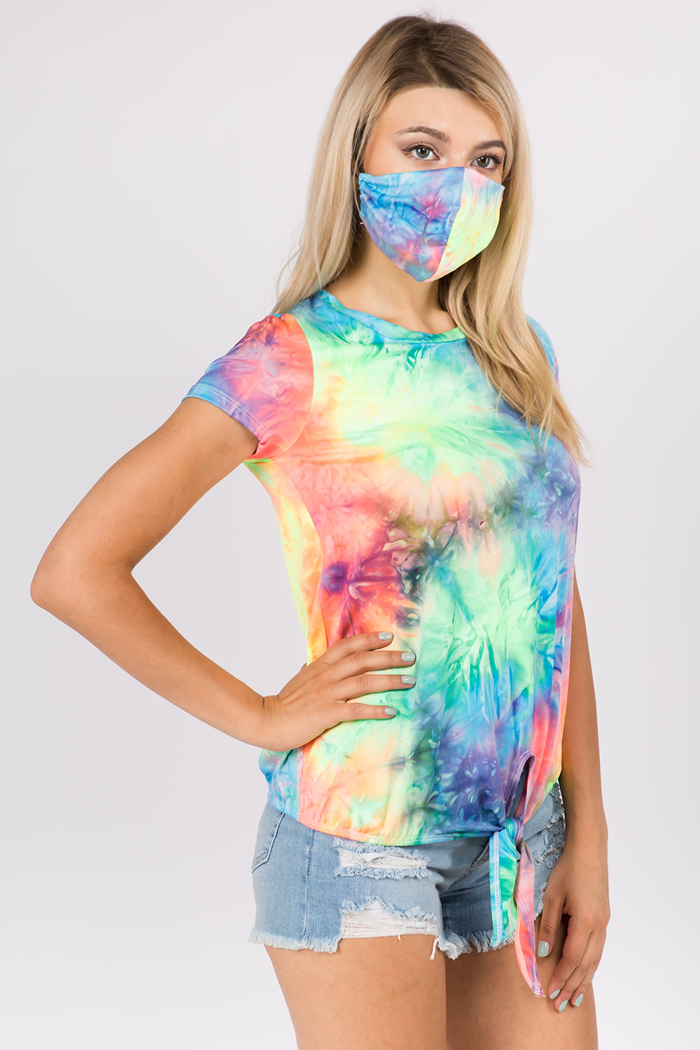 CORA FRONT TIE SHORT SLEEVE TOP (NEON GREEN TIE DYE)- VT2755T