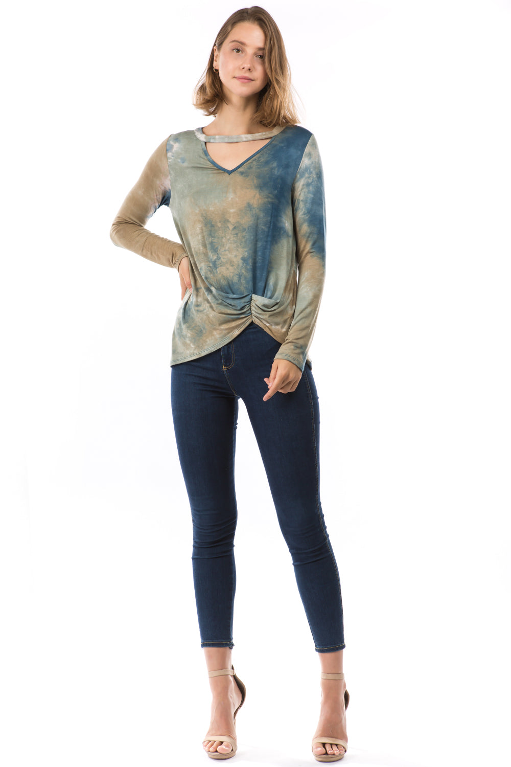 ALIA FRONT KNOTS TOP (TAUPE TEAL TIE DYE)-VT2785T