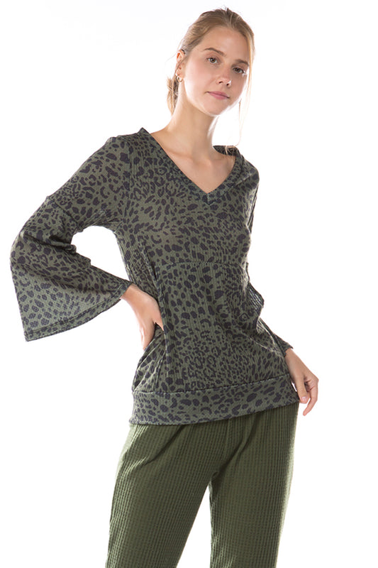 HATTIE BELL SLEEVE TOP (LEOPARD OLIVE)-VT2796