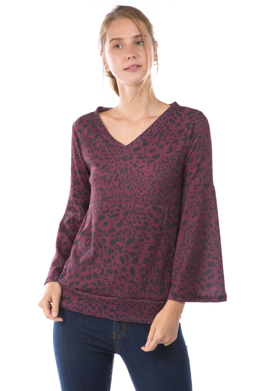 HATTIE BELL SLEEVE TOP (LEOPARD WINE)-VT2796