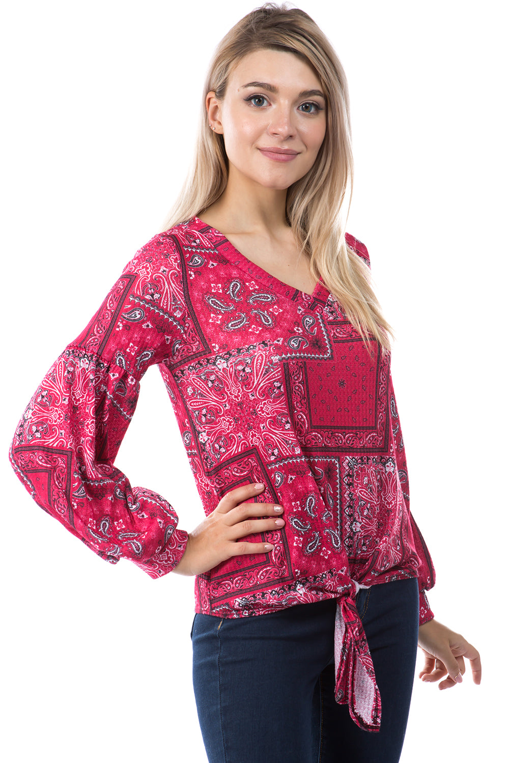 HATTIE V NECK TOP (BANDANA RED)-VT2798