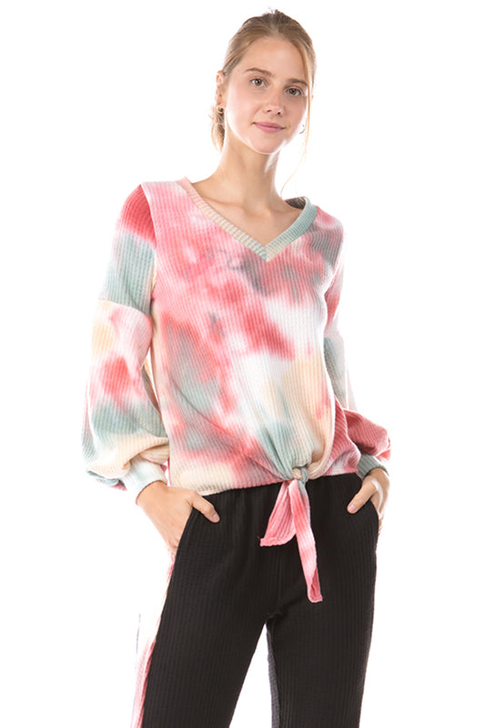 HATTIE V NECK TOP (BRUSH TAUPE PINK TIE DYE)-VT2798