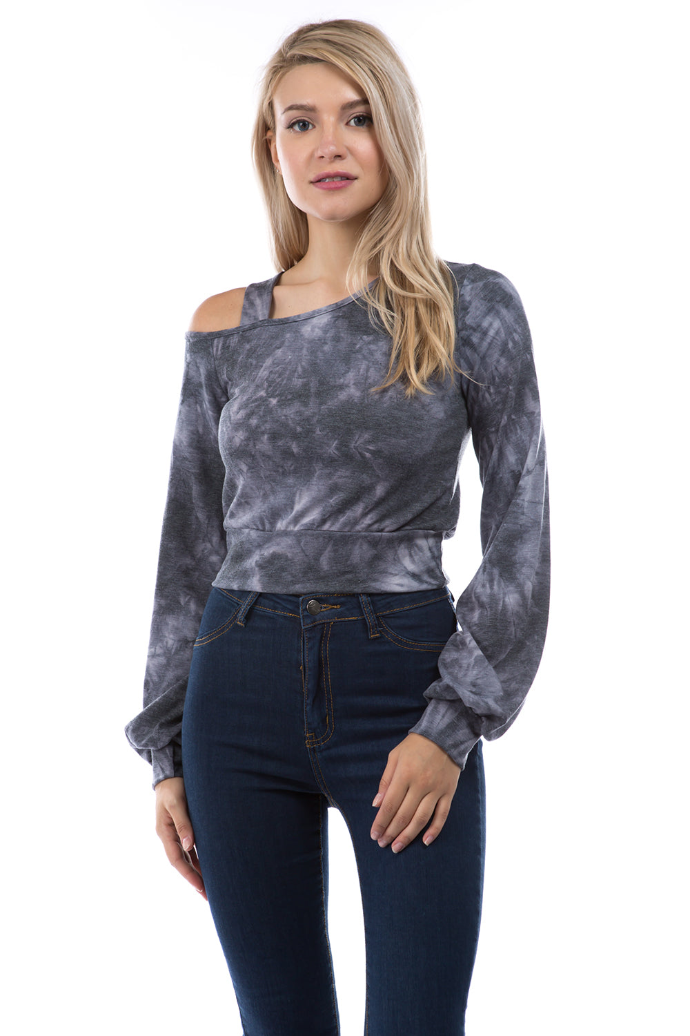 ELISE COLD SHOULDER CROP TOP (FRENCH TERRY CHARCOAL TIE DYE)-VT2841