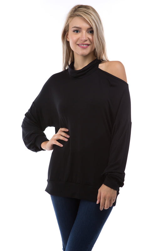 ELISE OPEN SHOULDER TURTLE NECK TOP (BLACK)-VT2842